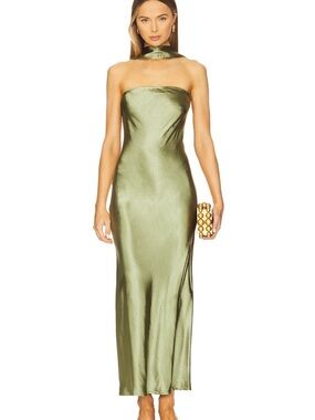 Angelina Neck Tie Maxi Strapless Dress in Olive - Satin